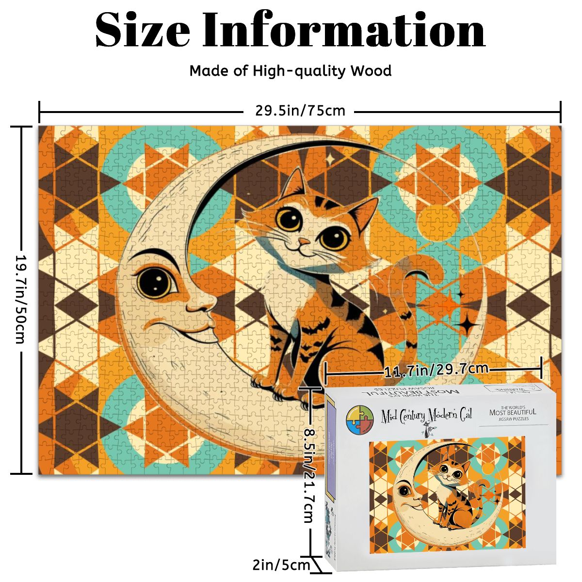 Harvest Half Moon, Kitschy Tabby CatWooden Jigsaw Puzzle - Mid Century Modern Gal