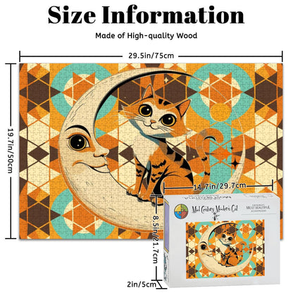 Harvest Half Moon, Kitschy Tabby CatWooden Jigsaw Puzzle - Mid Century Modern Gal