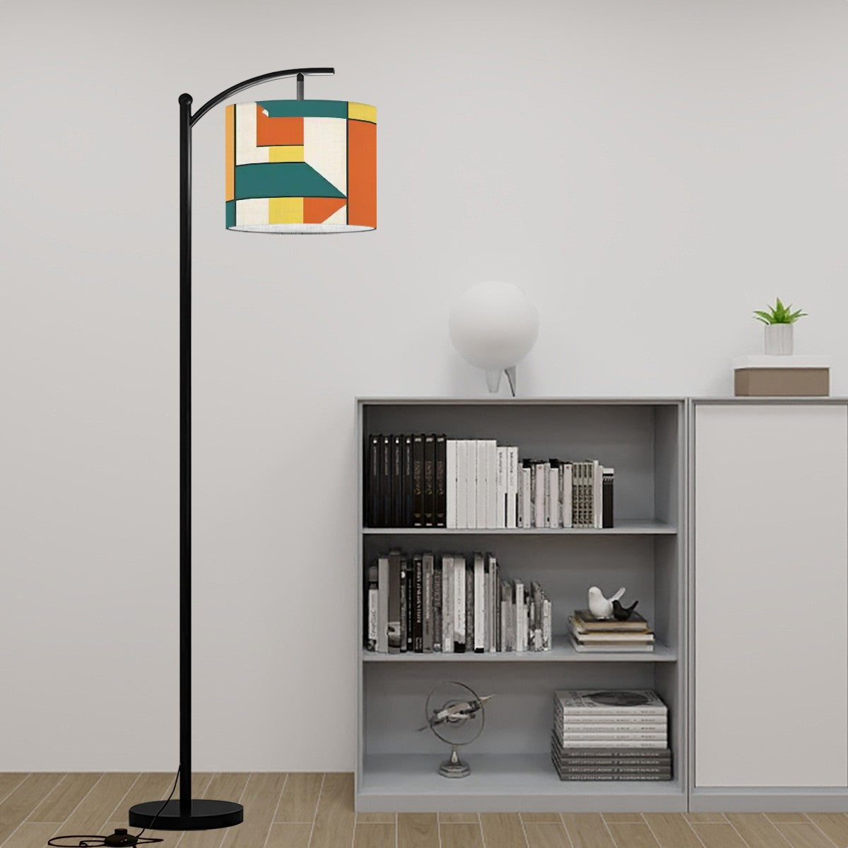 Mid Century Modern Bauhaus Orange, Teal Geometric Designed Mod Arc Floor Lamp - Mid Century Modern Gal