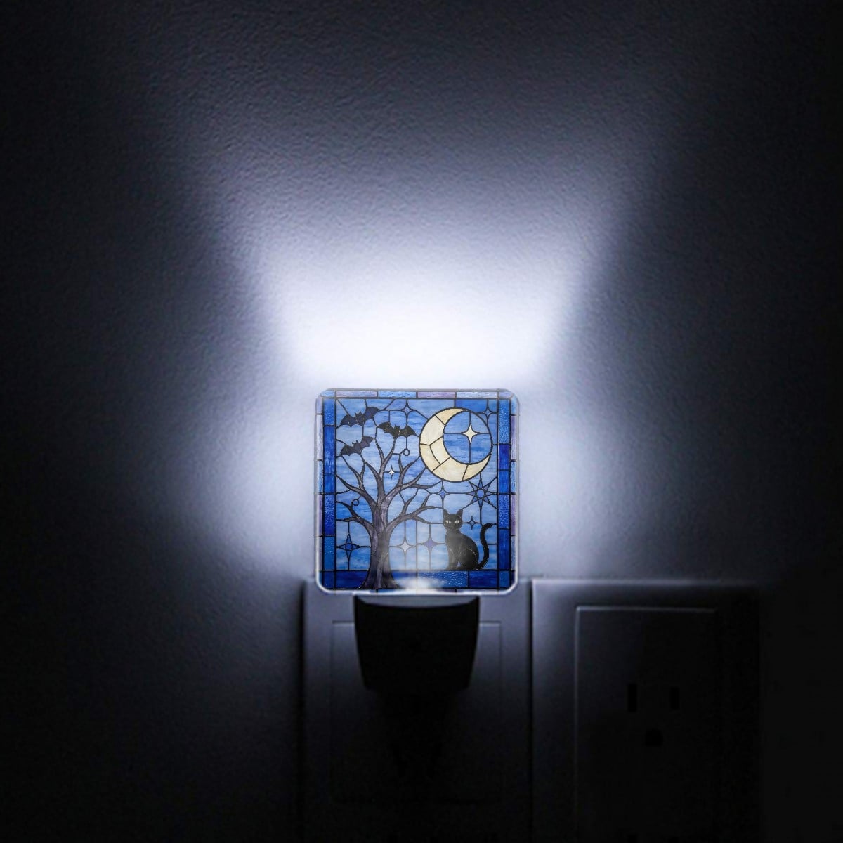 Halloween Stained Glass Style Night Sky Black Cat LED Night Light Set of 2