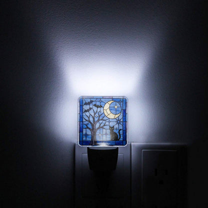 Halloween Stained Glass Style Night Sky Black Cat LED Night Light Set of 2