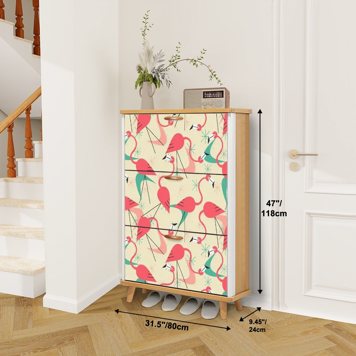 Mid Century Modern Shoe Cabinet Adorned in Kitschy Retro Dance Party Flamingos - Mid Century Modern Gal