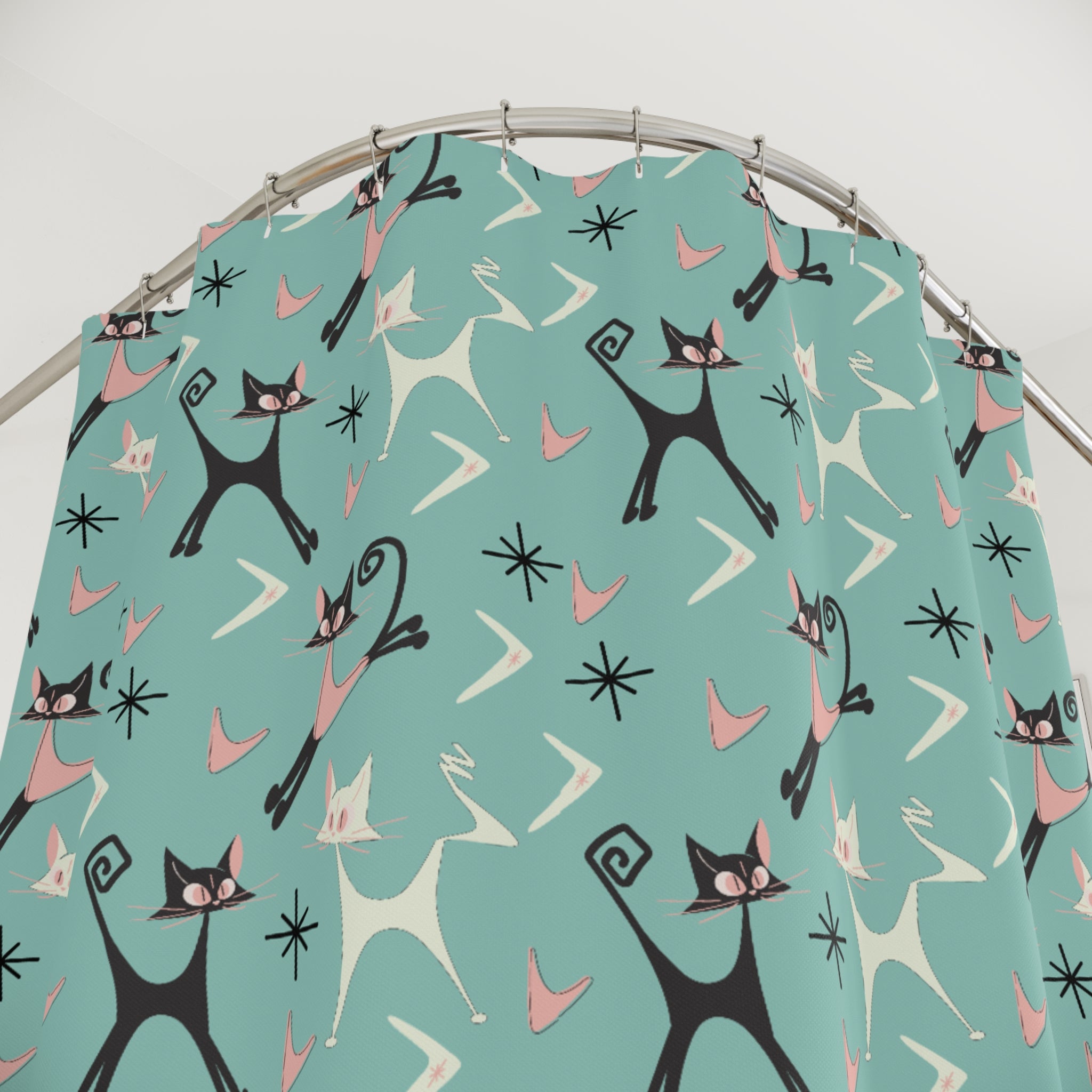 Atomic Cat Art Mid Century Modern Shower Curtain, Whimsical Quirky Cats, Boomerang, Aqua Pink, Kitschy 50s Curtain