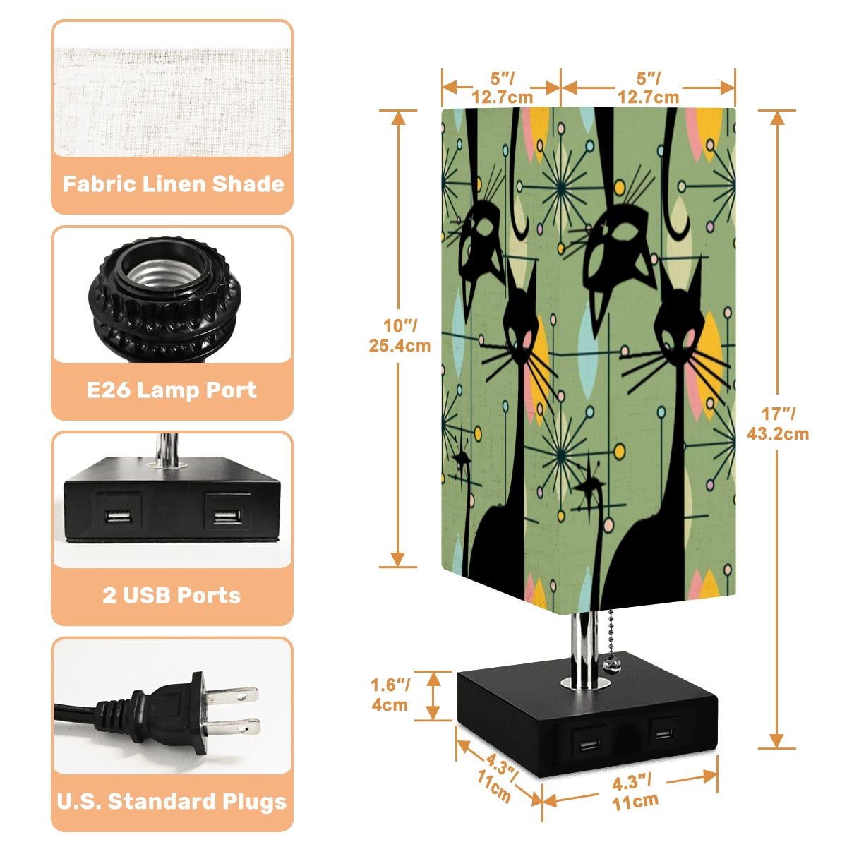 Atomic Starburst Atomic Cat Green Yellow Sputnik Designed MCM Square Table Lamp with USB Ports - Mid Century Modern Gal