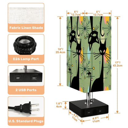 Atomic Starburst Atomic Cat Green Yellow Sputnik Designed MCM Square Table Lamp with USB Ports - Mid Century Modern Gal