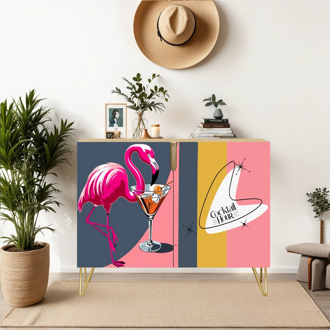 Mid Century Modern Bar Credenza, Cocktail Hour Pink Kitschy Flamingo, MCM Wooden Storage Cabinet