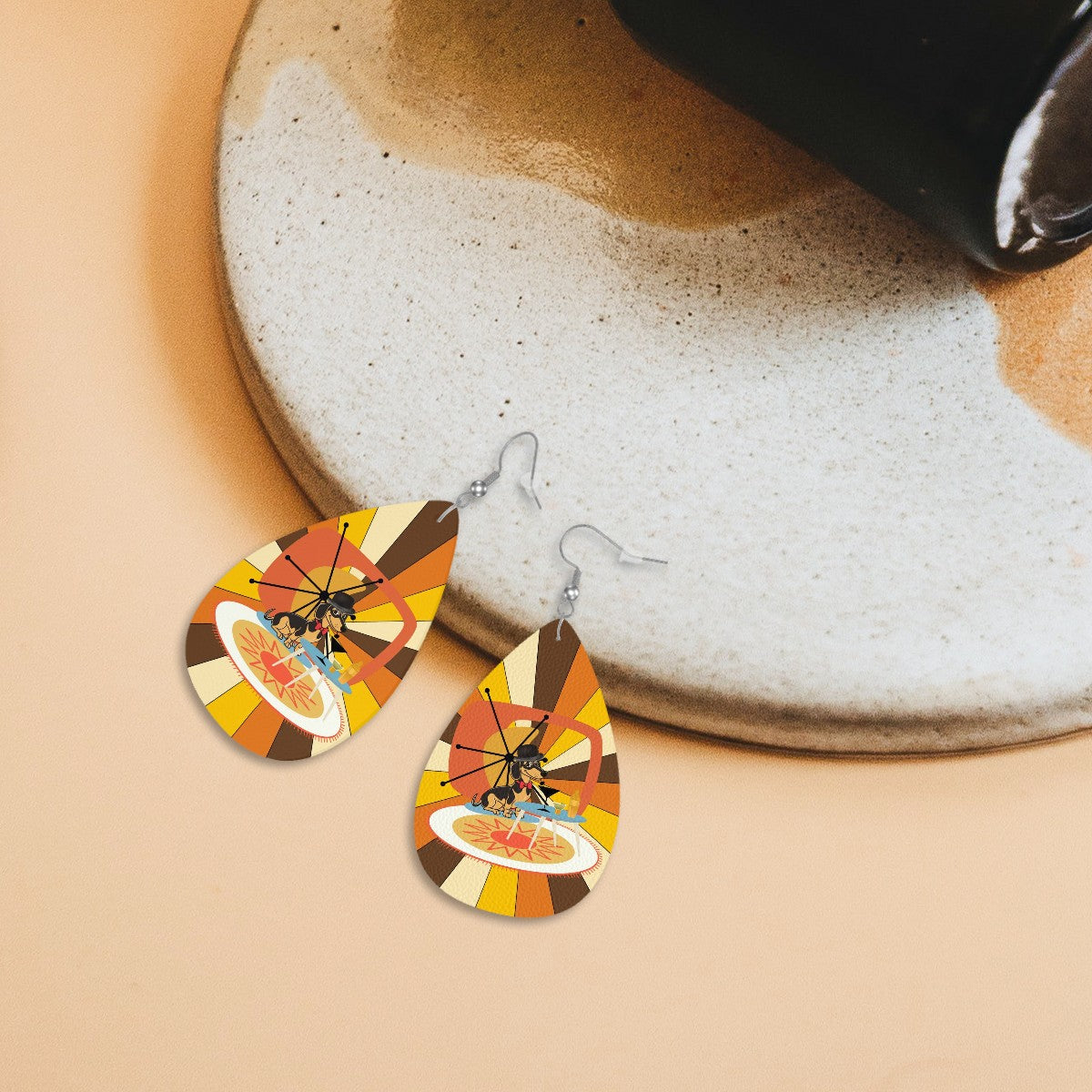 Doxie Mom Weiner Dog Retro 70s Designed Faux Leather Teardrop Earrings - Mid Century Modern Gal
