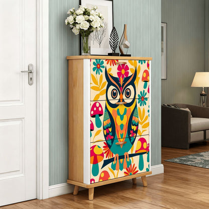 Retro 1970s Owl Mushroom Floral Mid Mod Shoe Storage Cabinet - Mid Century Modern Gal