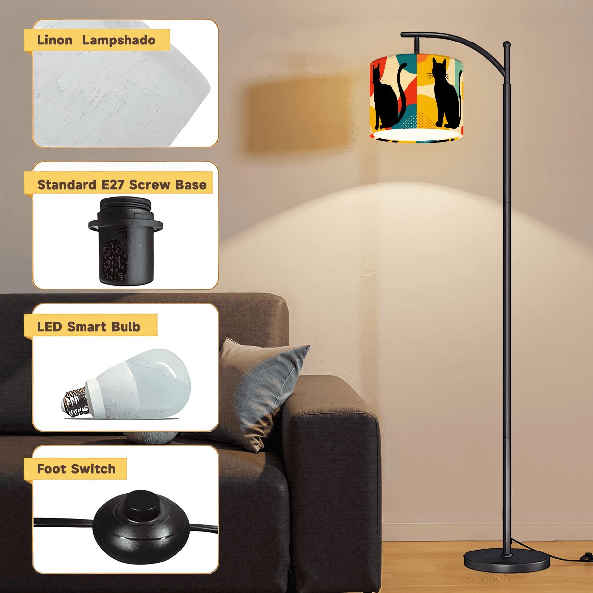 Pop Art Black Atomic Cats, Red Blue Yellow, Arc Floor Lamp