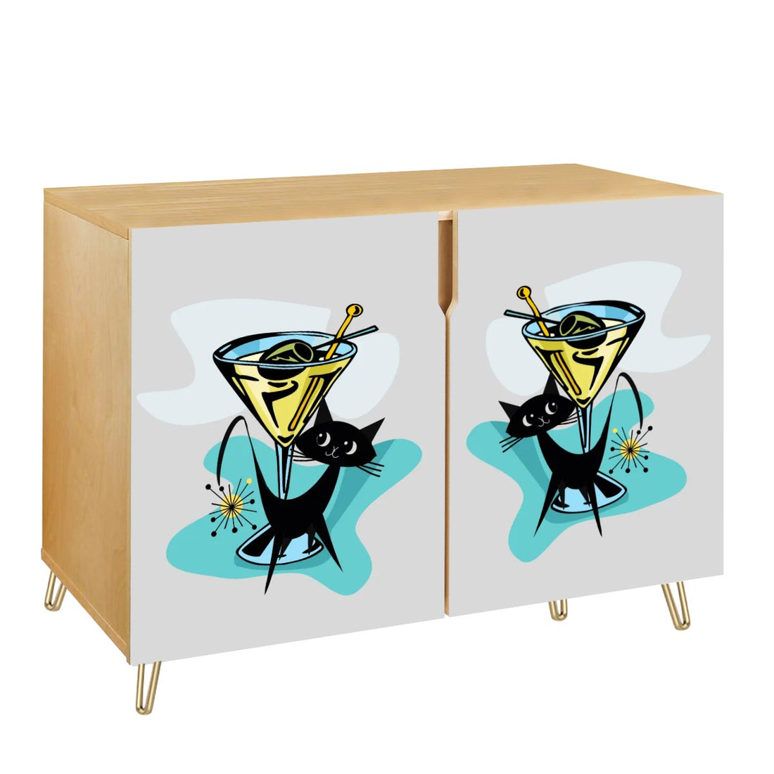 Mid Century Modern Credenza Sideboard, Atomic Martini Cat, Retro Mod Wooden Storage Cabinet - Mid Century Modern Gal