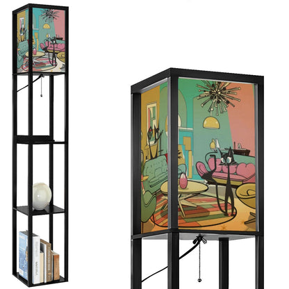 Mid Mod Retro Floor Lamp with Shelves, Adorned With Atomic Kitschy Cats In MCM Livingroom Scene - Mid Century Modern Gal