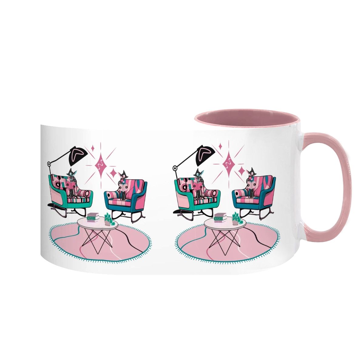 Colorful 15oz mug featuring atomic reading cats in a kitschy mid-century modern living room design.