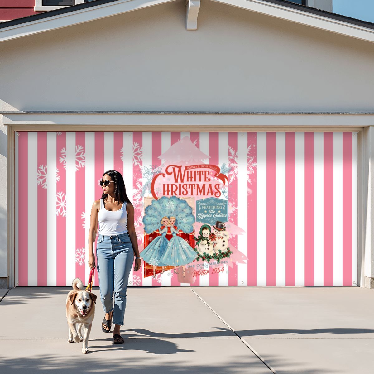 Wallace and Davis Kitschy Christmas Pink White Striped Garage Door Banner Backdrop - Mid Century Modern Gal