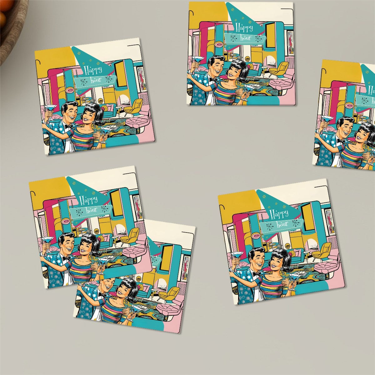 Mid Century Modern Barware Kitschy Mod Retro Square Ceramic Coasters Set of 6 - Mid Century Modern Gal