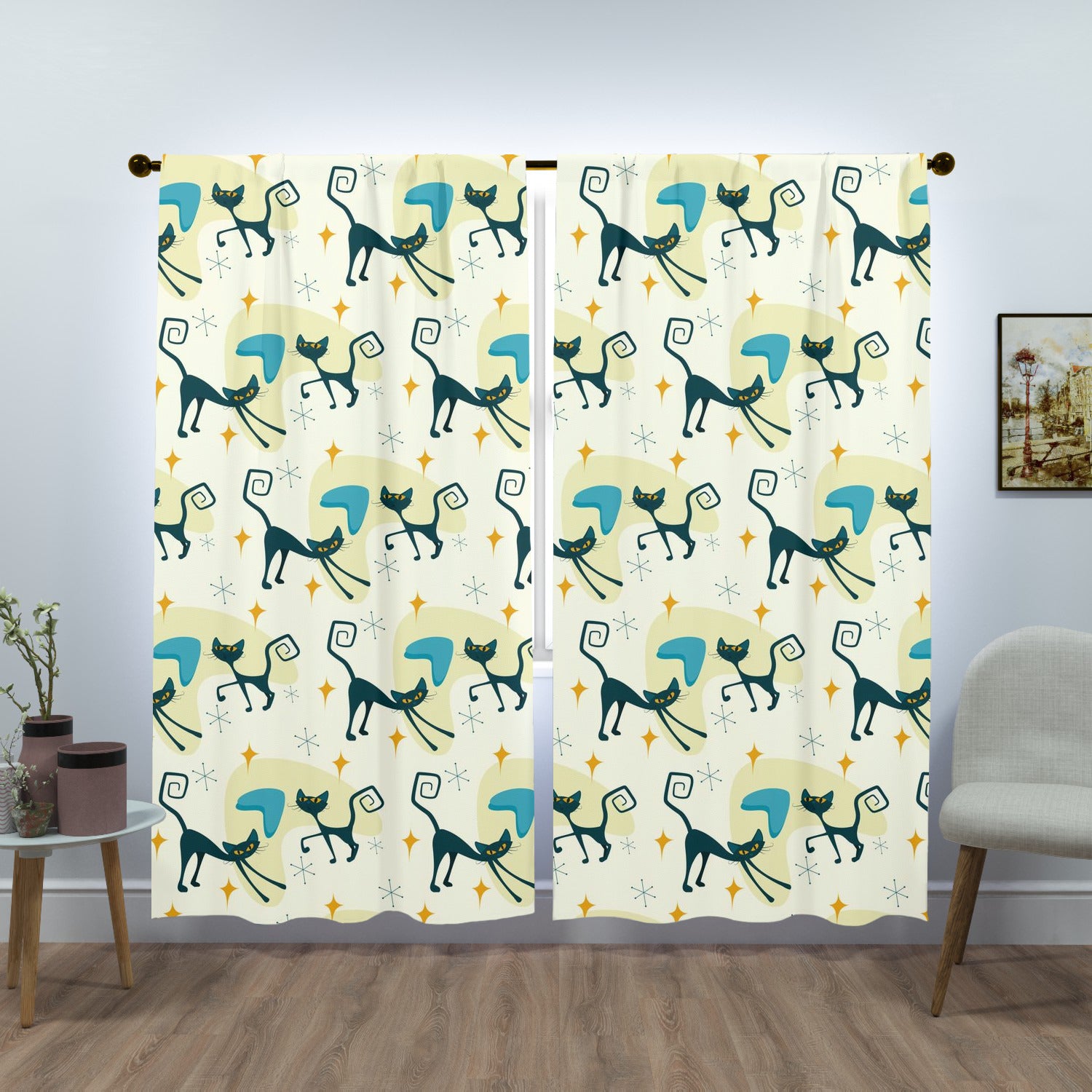 Atomic Cat Mid Century Modern Window Curtains (two panels)