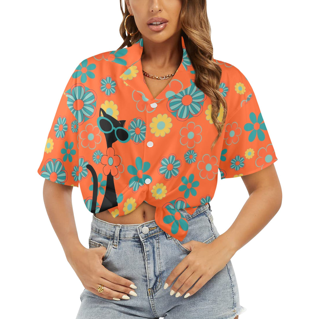 Atomic Cat Retro Flower Power Groovy Summer Hawaiin Women&