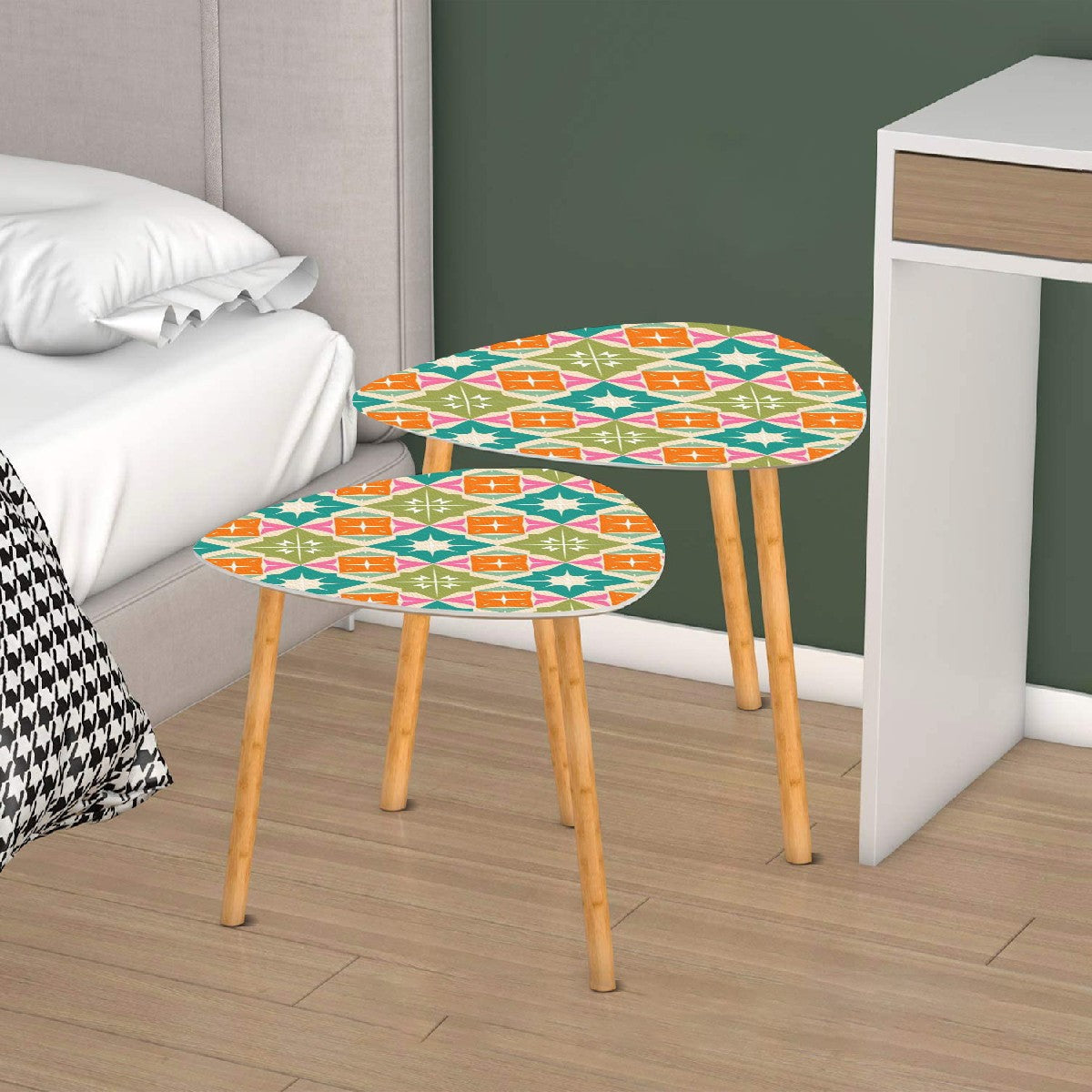 Mid Century Modern Atomic Diamond Starbursts, Orange, Green Teal Retro Mod Nesting Tables - Mid Century Modern Gal
