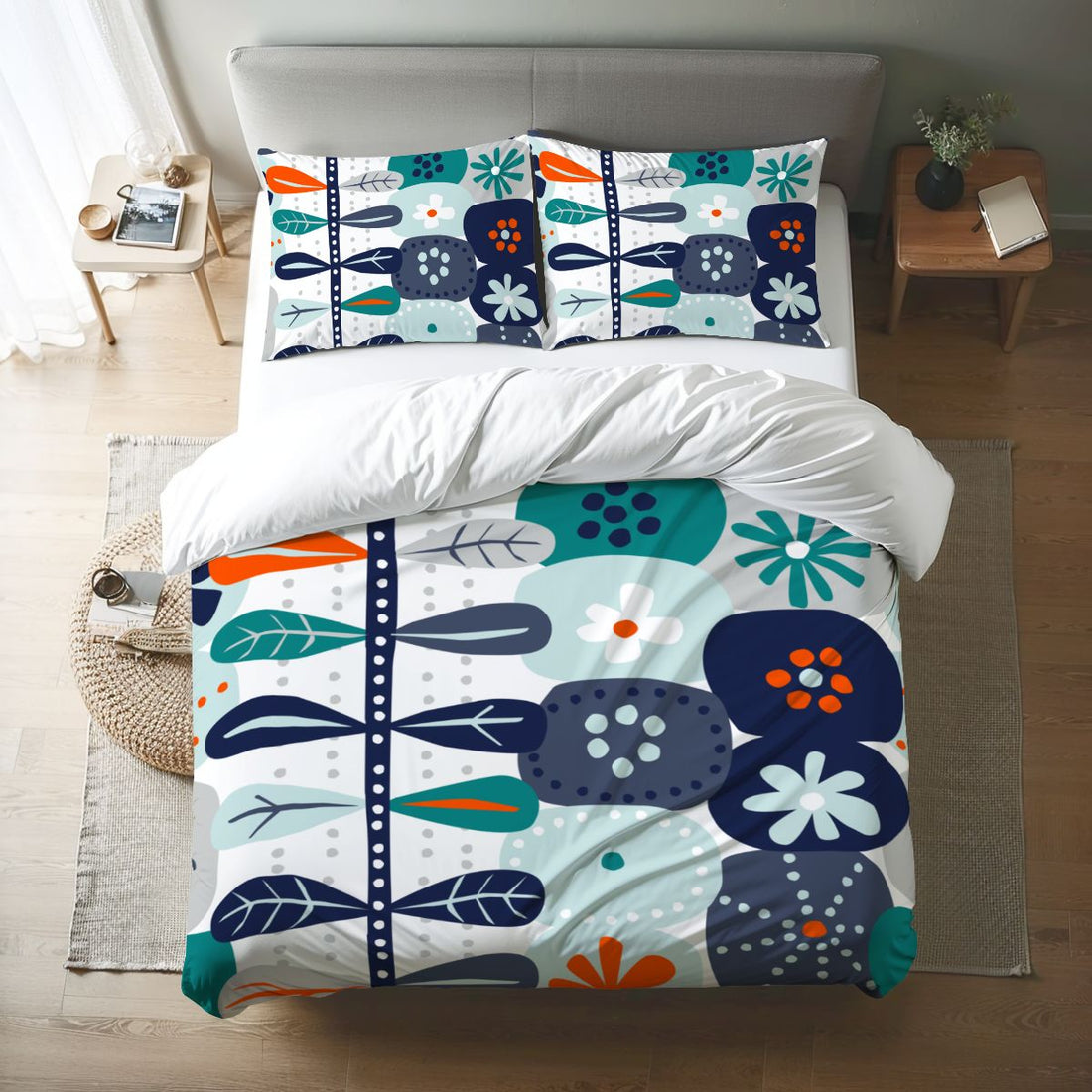 Scandinavian Floral Mid Century Modern Nordic Danish Blue, Teal Orange Queen Duvet Cover Set - Mid Century Modern Gal