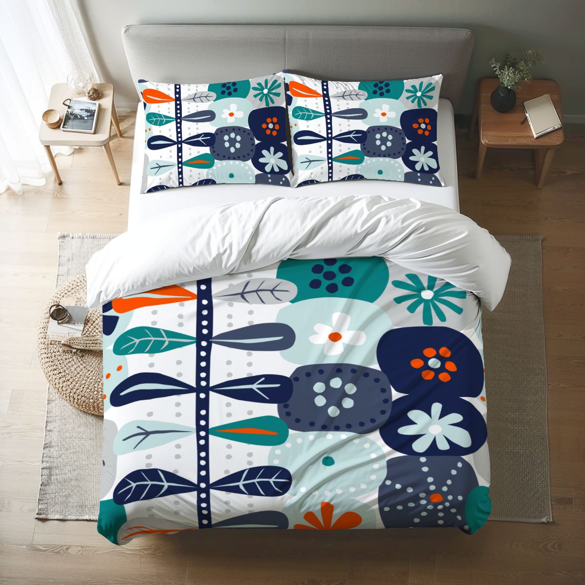 Scandinavian Floral Mid Century Modern Nordic Danish Blue, Teal Orange Queen Duvet Cover Set - Mid Century Modern Gal