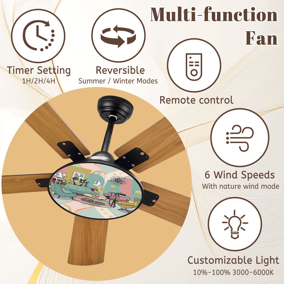 Cozy Cat Den Atomic Cats Lounging Kitschy Mid Century Modern Ceiling Fan With Light - Mid Century Modern Gal