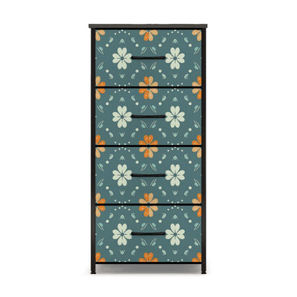 Mid Century Modern Scandinavian Blue, Orange Cream Retro Floral 4-Drawer Dresser - Mid Century Modern Gal