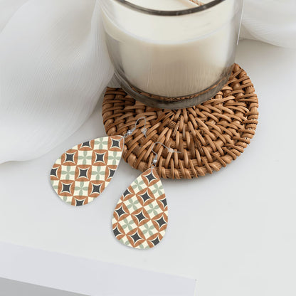 Mid Century Modern Interlocking Geometric, Terracotta Sage Charcoal Vegan Leather Teardrop Earrings - Mid Century Modern Gal