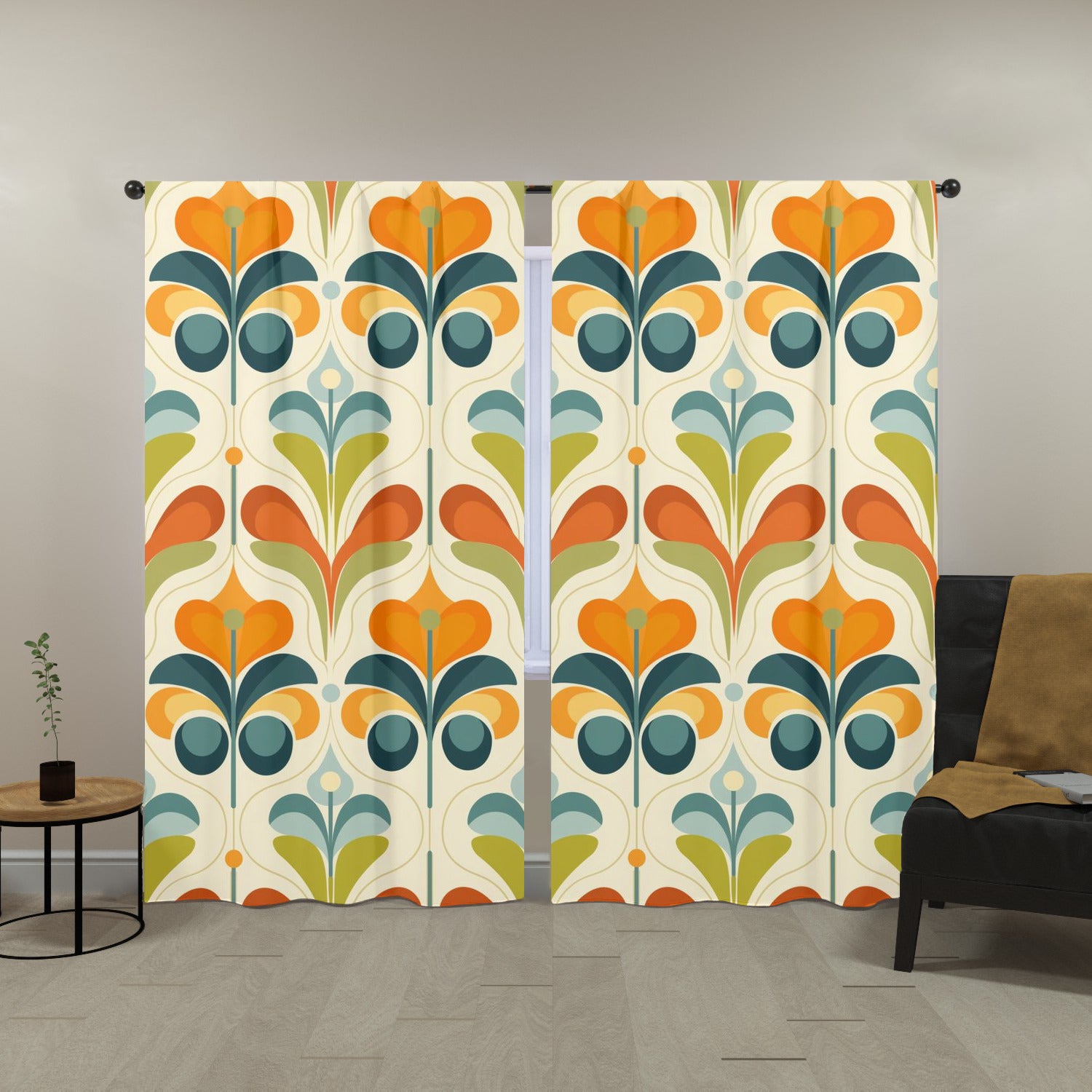 Scandinavian Flower Design, Orange, Green Blue Mid Century Modern Window Curtains (two panels) - Mid Century Modern Gal