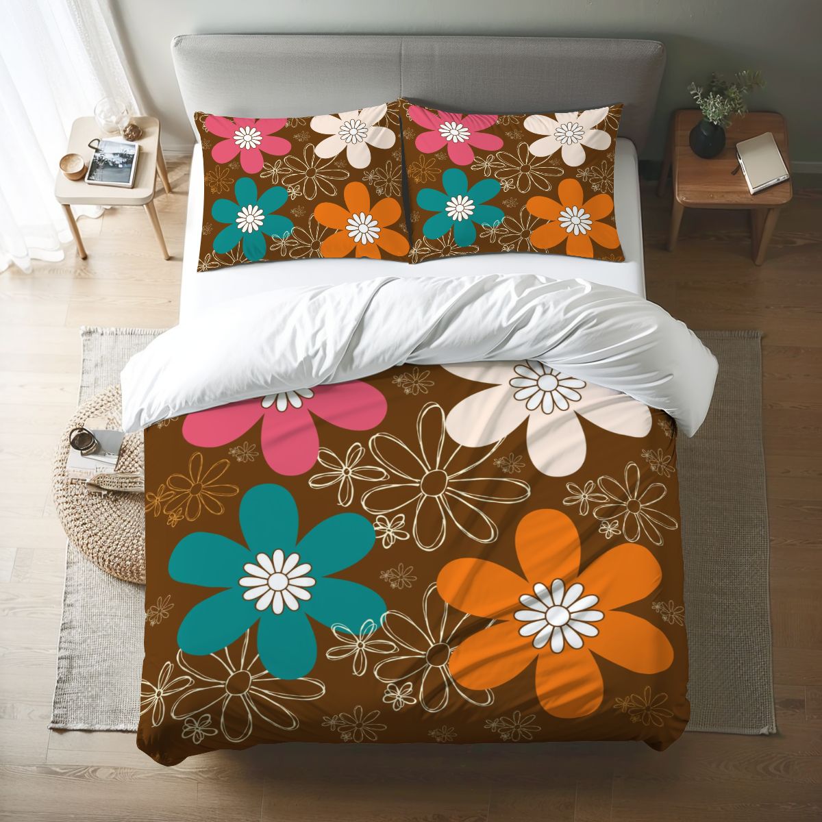 70s Groovy Retro Flower Mod Daisy Brown, Orange Pink Teal Mid Mod Queen Duvet Cover Set - Mid Century Modern Gal