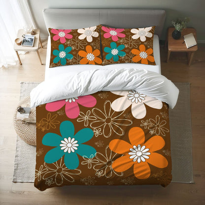 70s Groovy Retro Flower Mod Daisy Brown, Orange Pink Teal Mid Mod Queen Duvet Cover Set - Mid Century Modern Gal