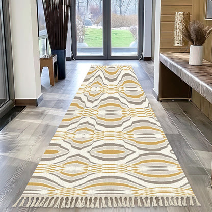 Mid Century Modern Golden Groovy, Gray White Retro Runner Rug with Tassels - Mid Century Modern Gal