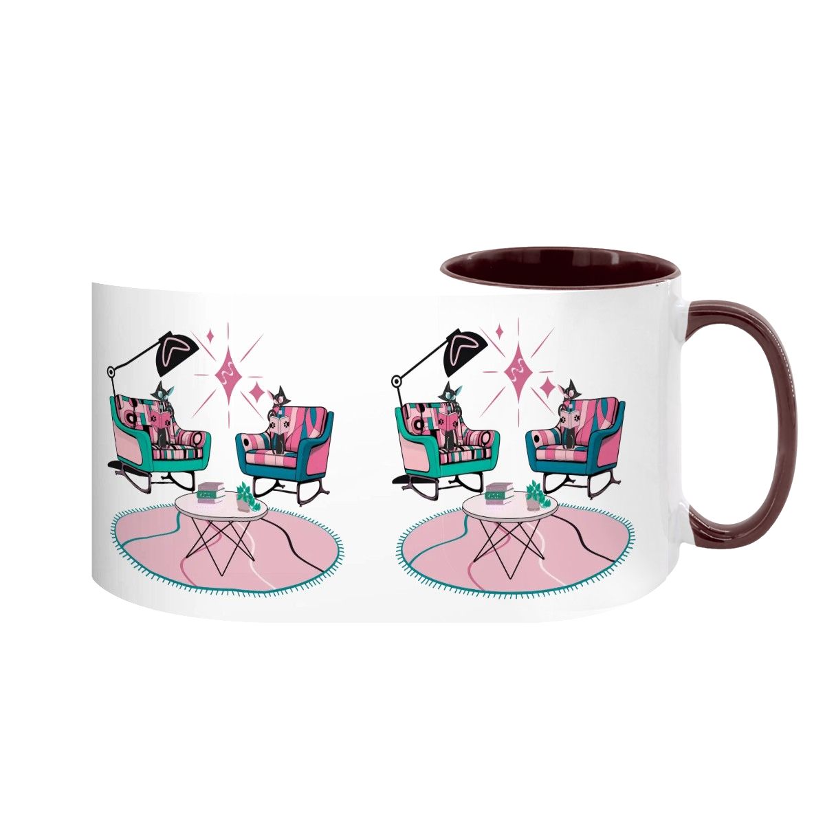 Colorful 15oz mug featuring atomic reading cats in a kitschy mid-century modern living room design.