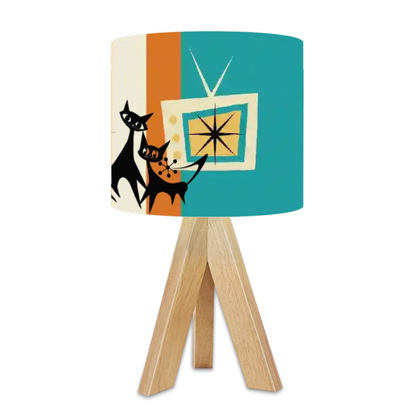 Atomic Cat Tripod Table Lamp, Mid Century Modern Orange, Teal Cream MCM Decor