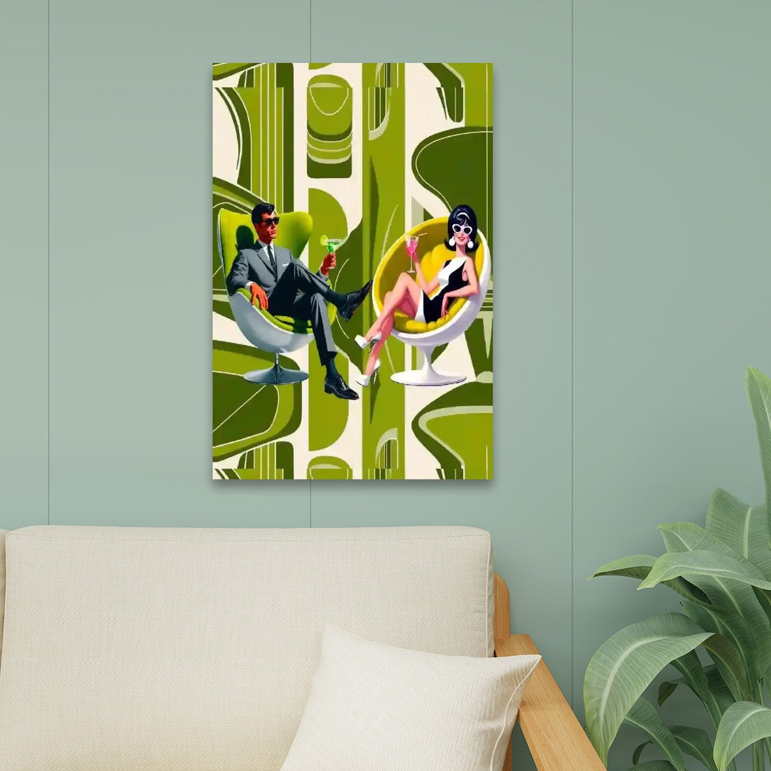 Mid Century Modern Groovy 60s Couple, Kitschy Mod Green Canvas Print - Mid Century Modern Gal