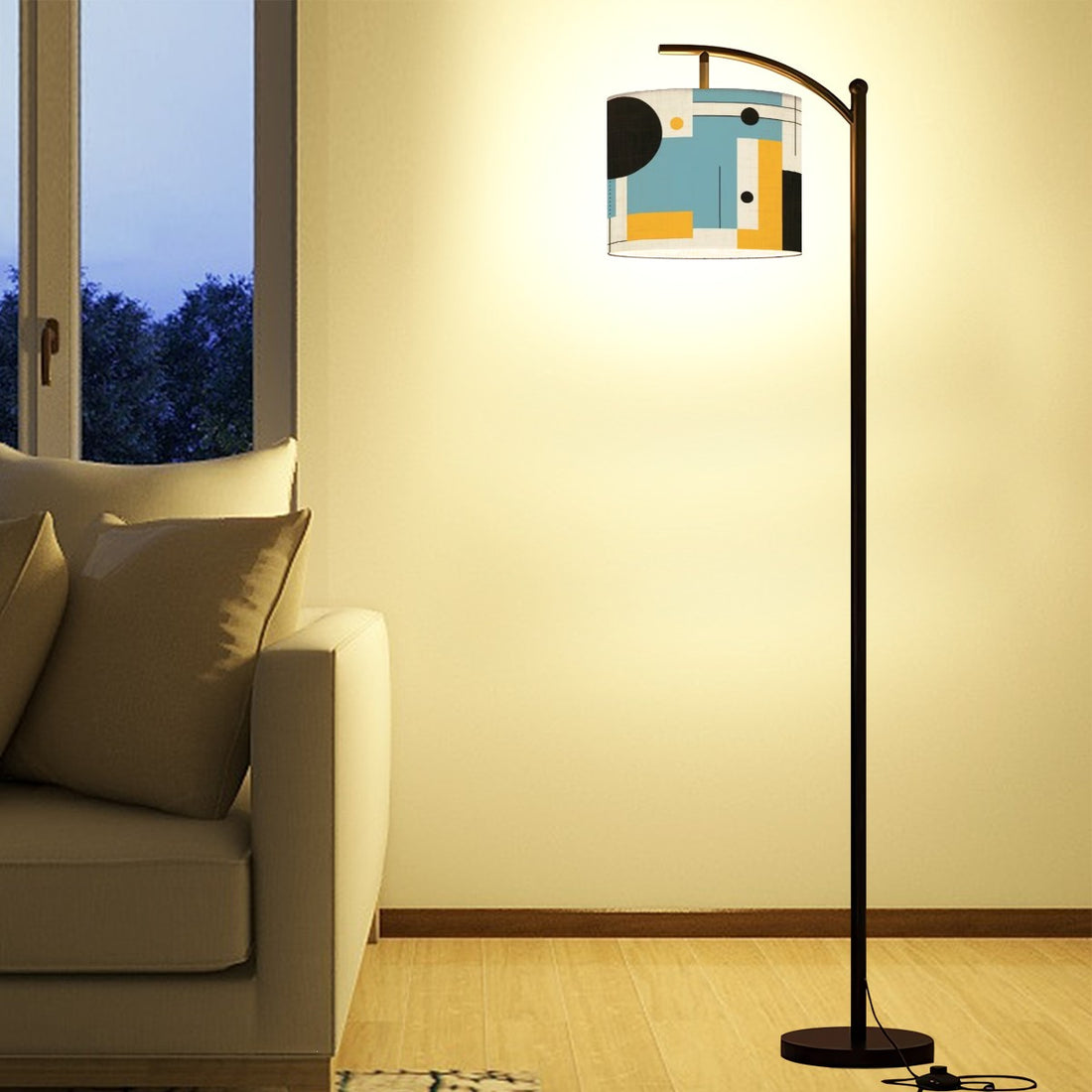 Mid Century Modern Arc Floor Lamp, Bauhaus Designed Shade WIth Geometric Blue, Yellow Black - Mid Century Modern Gal