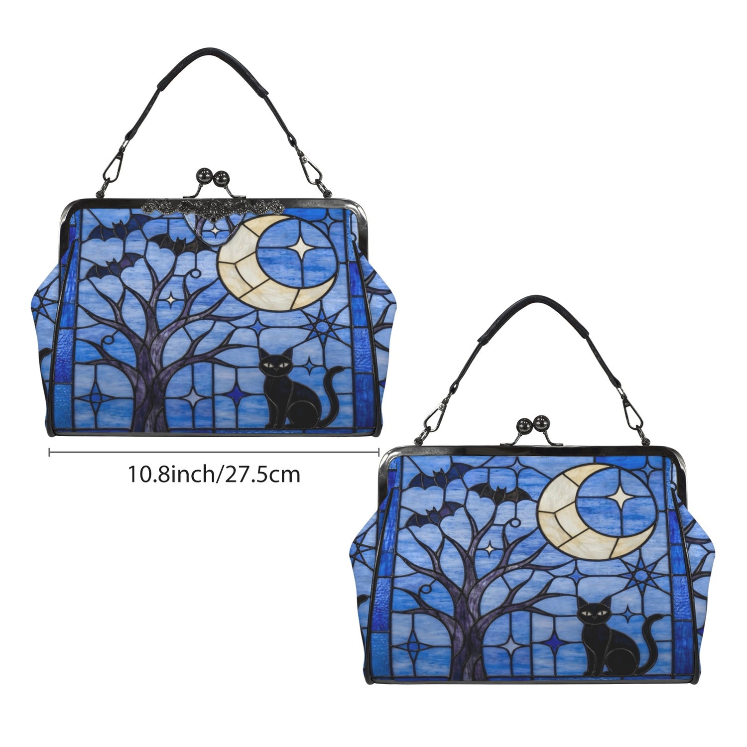 Halloween Stained Glass Style Night Sky Black Cat Kisslock Crossbody Purse