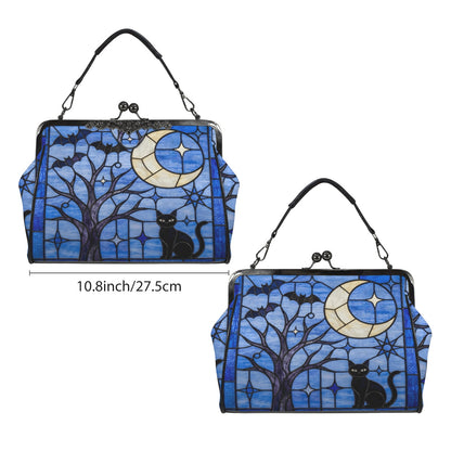 Halloween Stained Glass Style Night Sky Black Cat Kisslock Crossbody Purse
