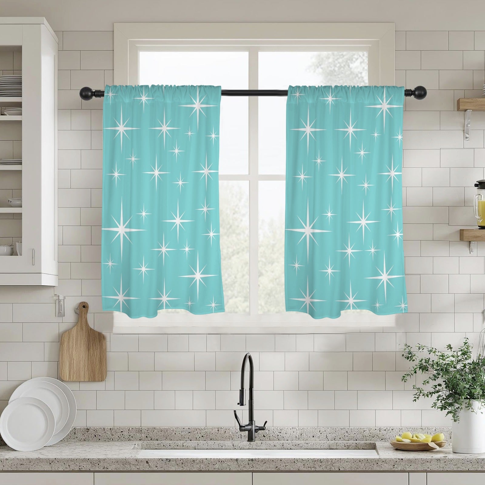 Atomic Starburst Aqua White Mid Mod Cafe Window Curtains - Mid Century Modern Gal