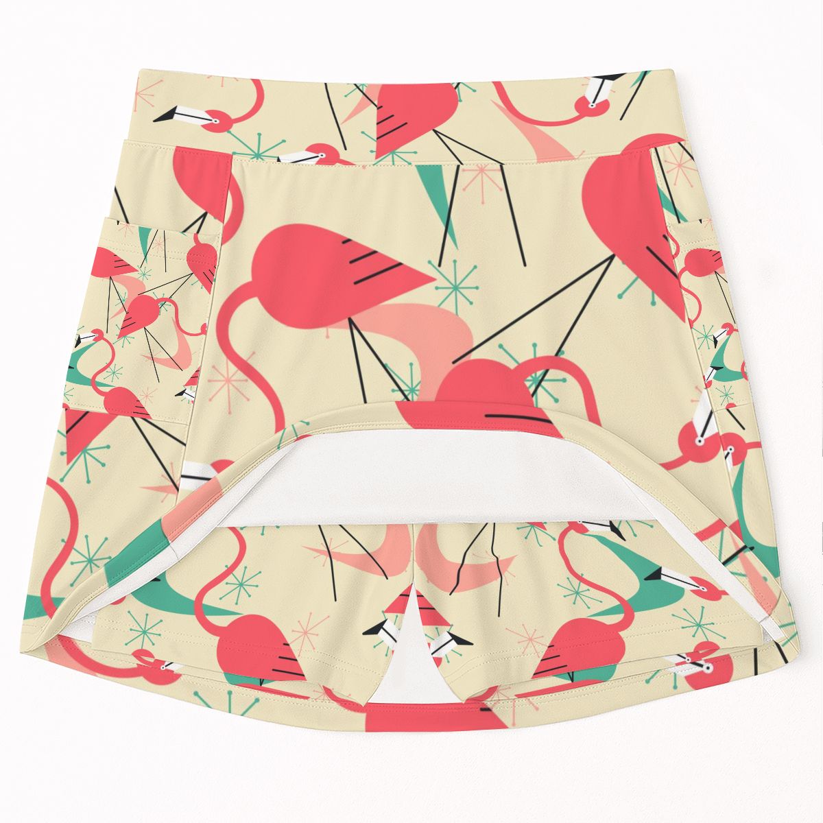 Retro Flamingo Kitschy Pink Beige Mod Women's Tennis Skort with Pockets - Mid Century Modern Gal
