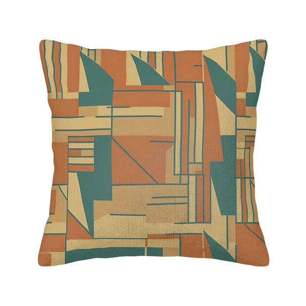 Mid Century Modern Camel Brown, Teal Bauhaus Designed Corduroy Throw Pillow Covers (Double-Sided Design)