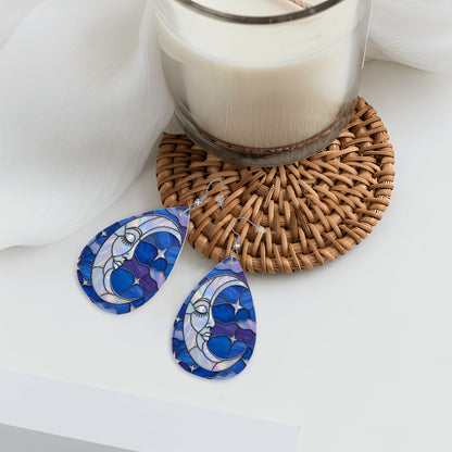 Halloween Stained Glass Style Night Sky Moon Stars Clouds Vegan Leather Teardrop Earrings - Mid Century Modern Gal