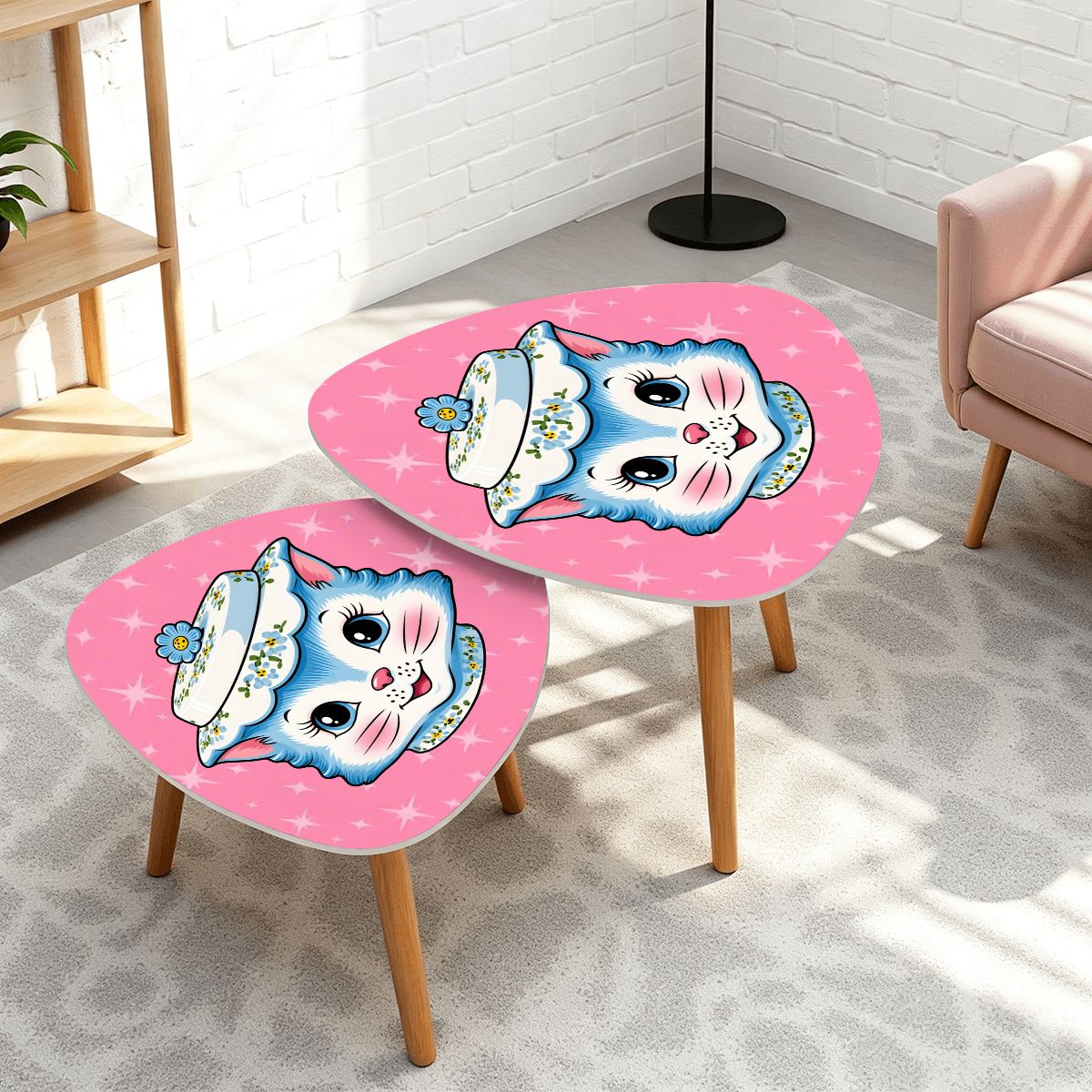 Mid Century Modern Kitschy Anthropomorphic Blue Cat with Floral Hat Nesting Tables