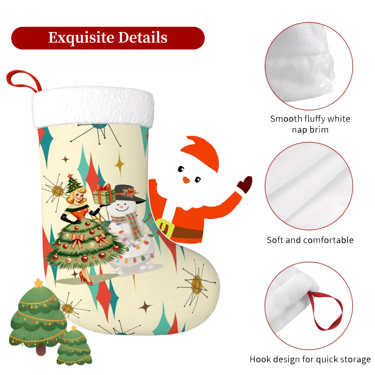 Franciscan Starburst Mid Century Modern Christmas Gal, SnowmanPlush Christmas Stocking - Mid Century Modern Gal
