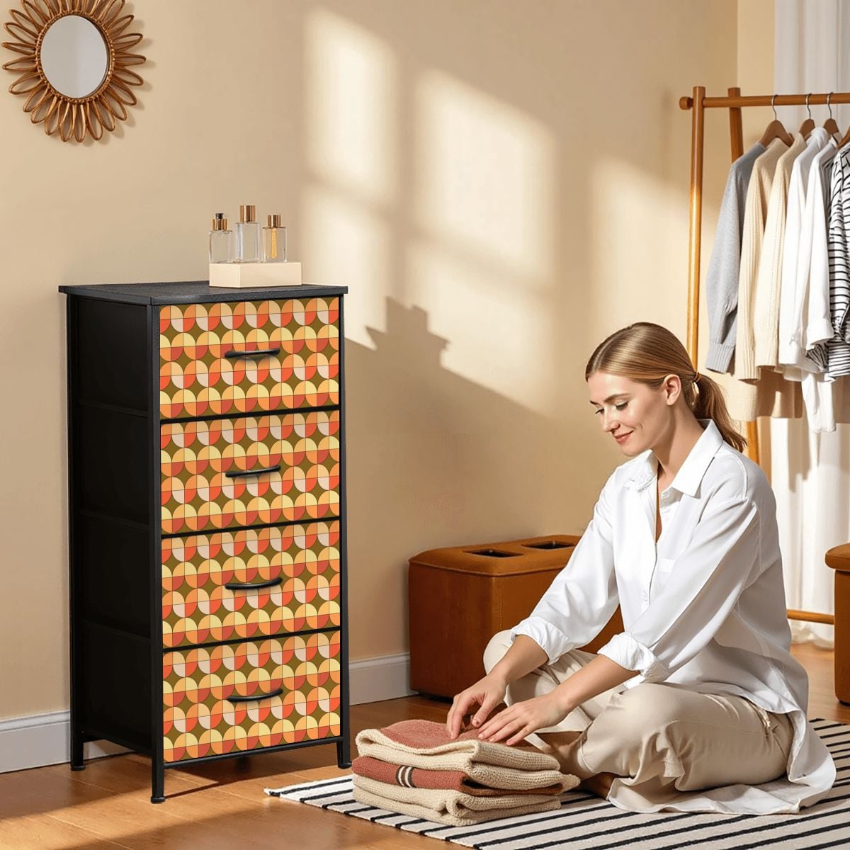 Scandinavian Designed Geometric Orange Brown Golden Yellow 4-Drawer Dresser - Mid Century Modern Gal