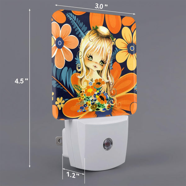 70s Big Eyed Groovy Gal, Mod Flower Power LED Night Light Set of 2