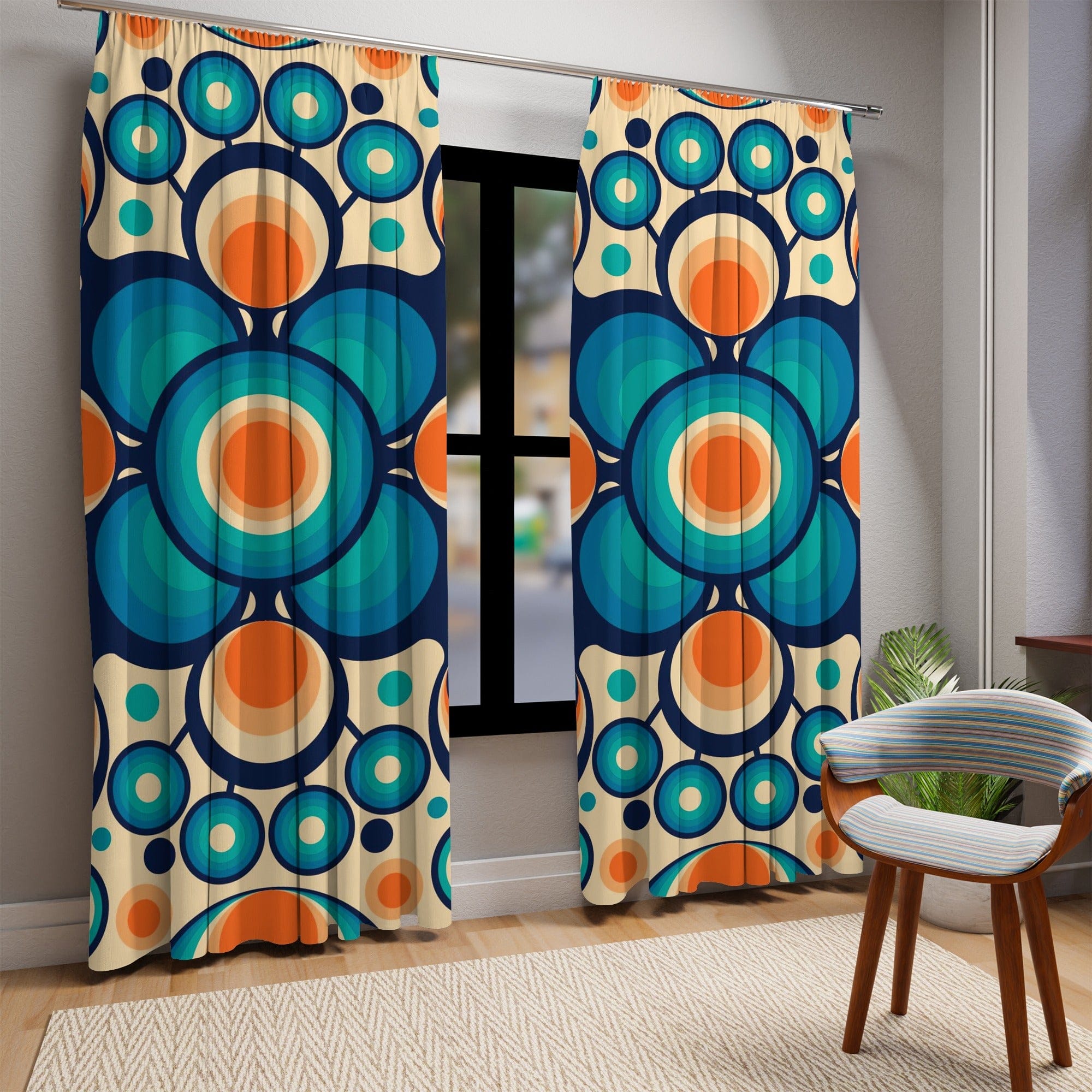 Mid Century Modern Groovy Orbs, Orange, Blue Geometric Mid Mod Retro Window Curtains (1 Piece) - Mid Century Modern Gal