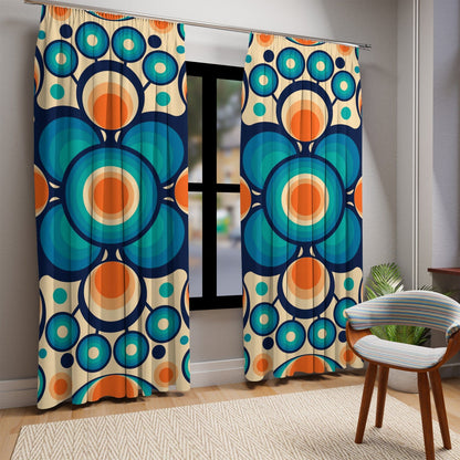 Mid Century Modern Groovy Orbs, Orange, Blue Geometric Mid Mod Retro Window Curtains (1 Piece) - Mid Century Modern Gal