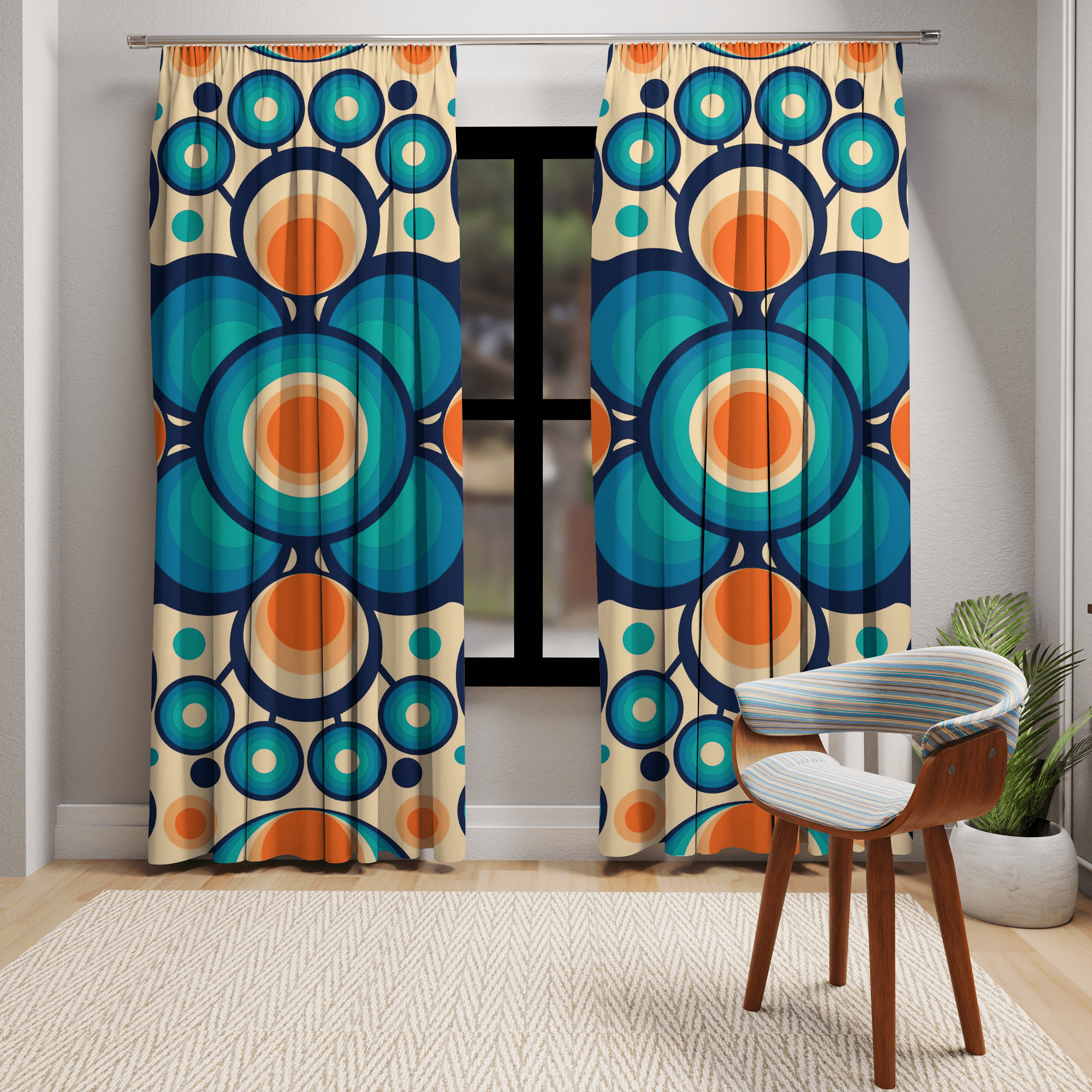 Mid Century Modern Groovy Orbs, Orange, Blue Geometric Mid Mod Retro Window Curtains (1 Piece) - Mid Century Modern Gal