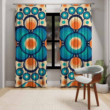 Mid Century Modern Groovy Orbs, Orange, Blue Geometric Mid Mod Retro Window Curtains (1 Piece) - Mid Century Modern Gal