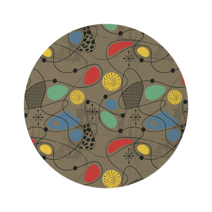 Mid Century Modern Area Rug Sand Brown, Abstract Retro Atomic Starburst Round Rug Home Decor 60&quot; × 60&quot;