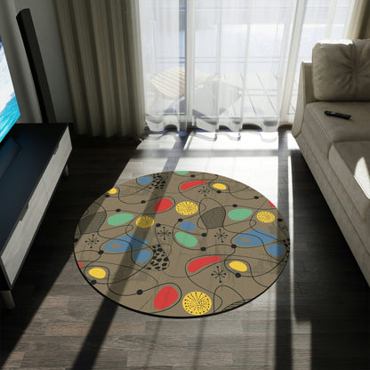 Mid Century Modern Area Rug Sand Brown, Abstract Retro Atomic Starburst Round Rug Home Decor 60&quot; × 60&quot;